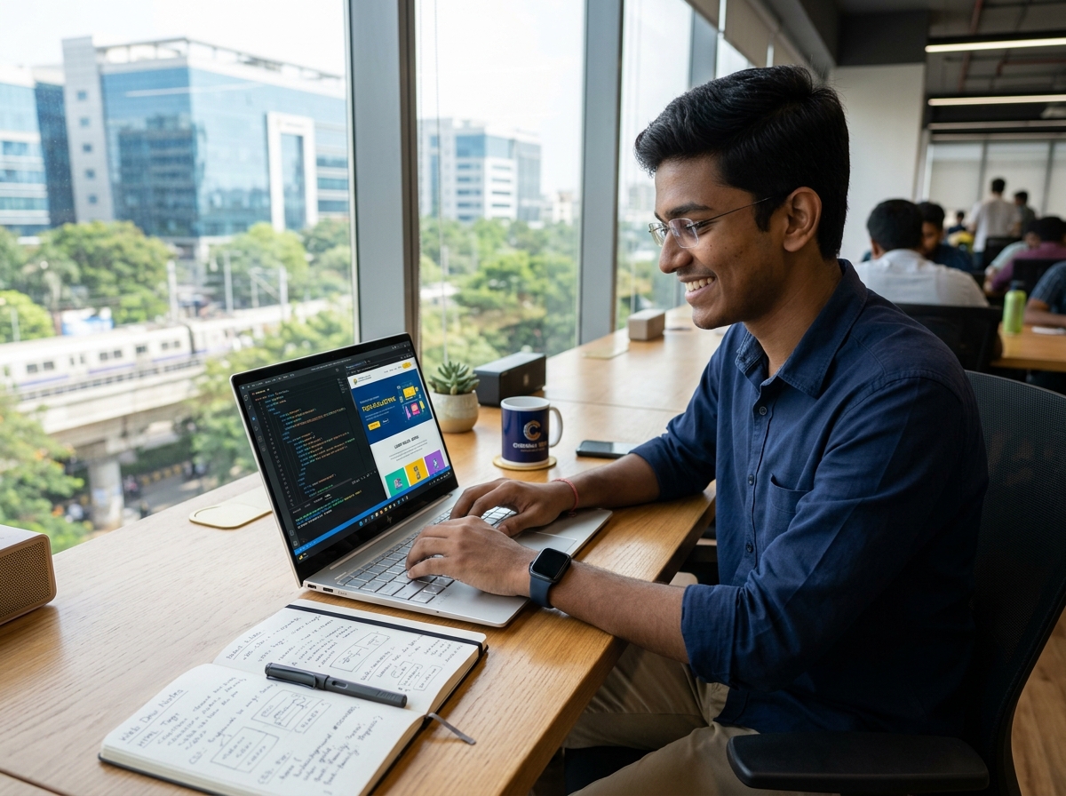 South Indian student learning web development on laptop in Chennai