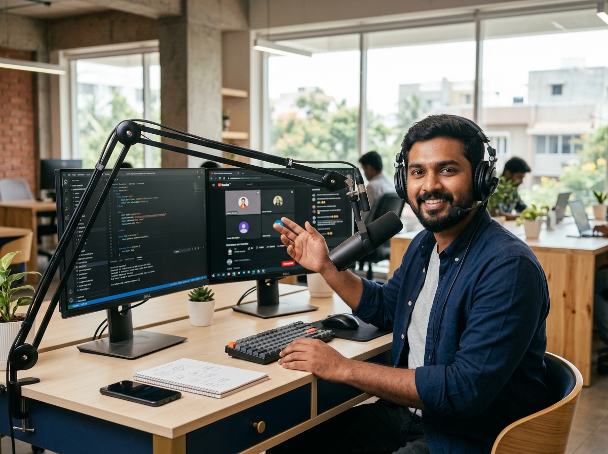 Software developer conducting live Zoom workshop in Tamil