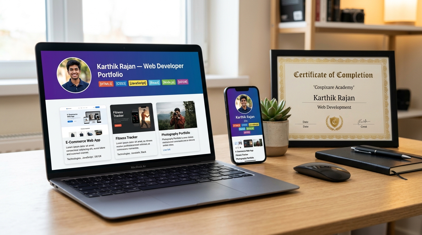Student Web Developer Portfolio and Cospixare Academy Certificate